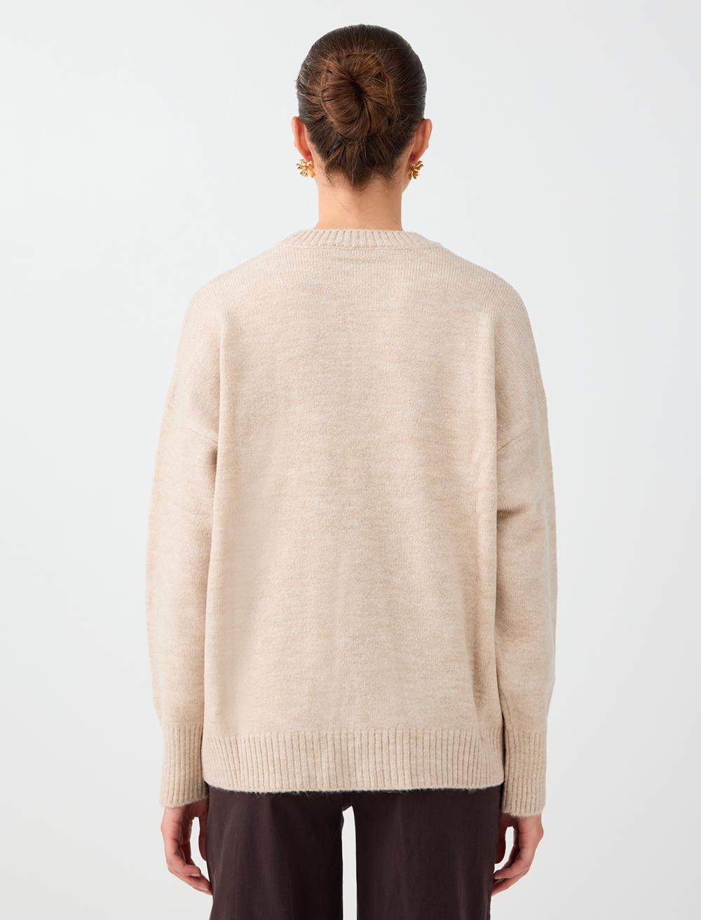 Loose Fit Crew Neck Pullover - Beige