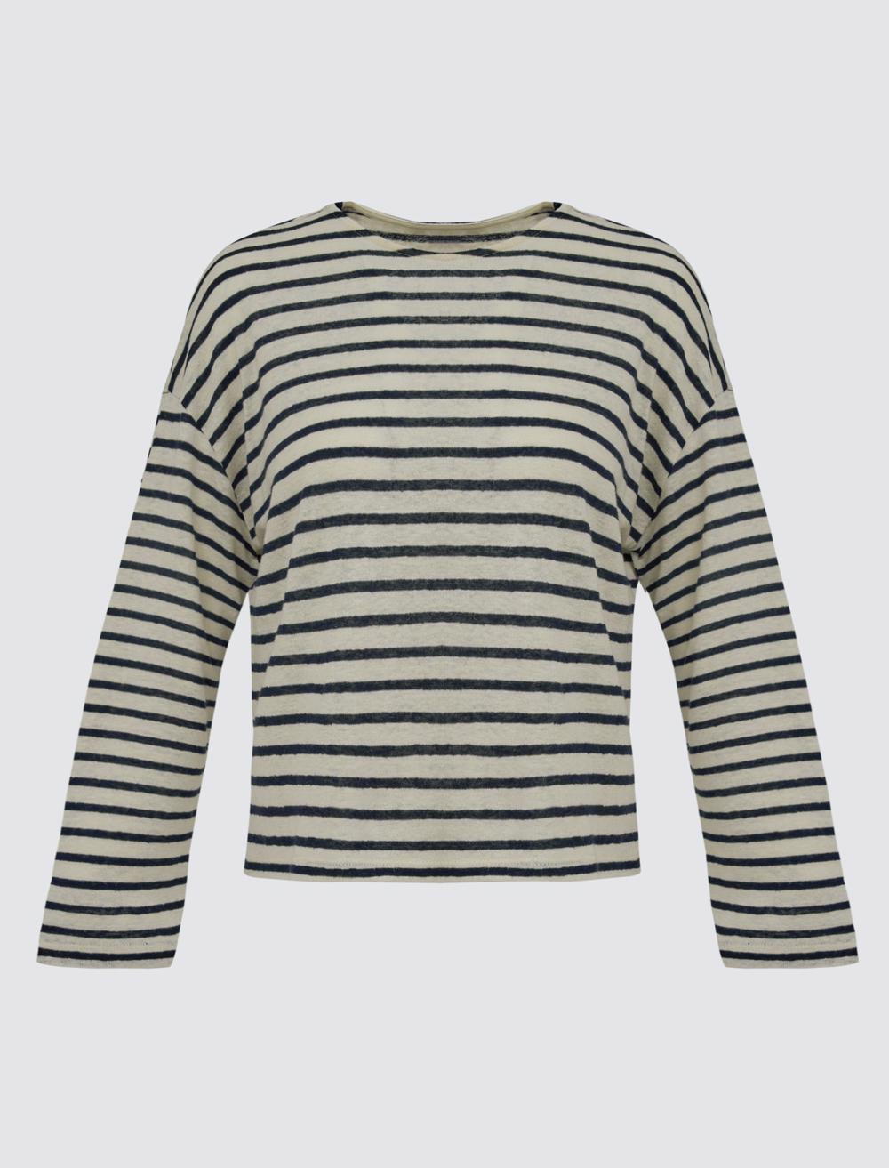 Crew Neck Long Sleeve Line Patterned Linen Knitted T-Shirt