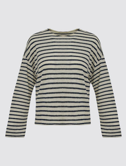 Crew Neck Long Sleeve Line Patterned Linen Knitted T-Shirt