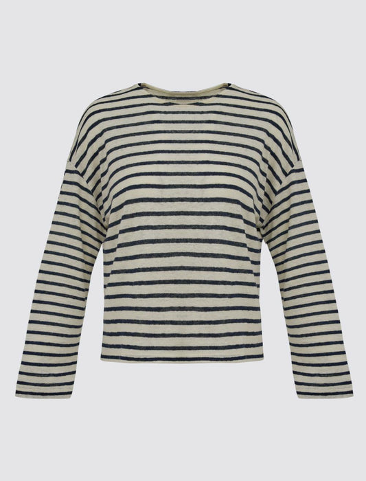 Crew Neck Long Sleeve Line Patterned Linen Knitted T-Shirt