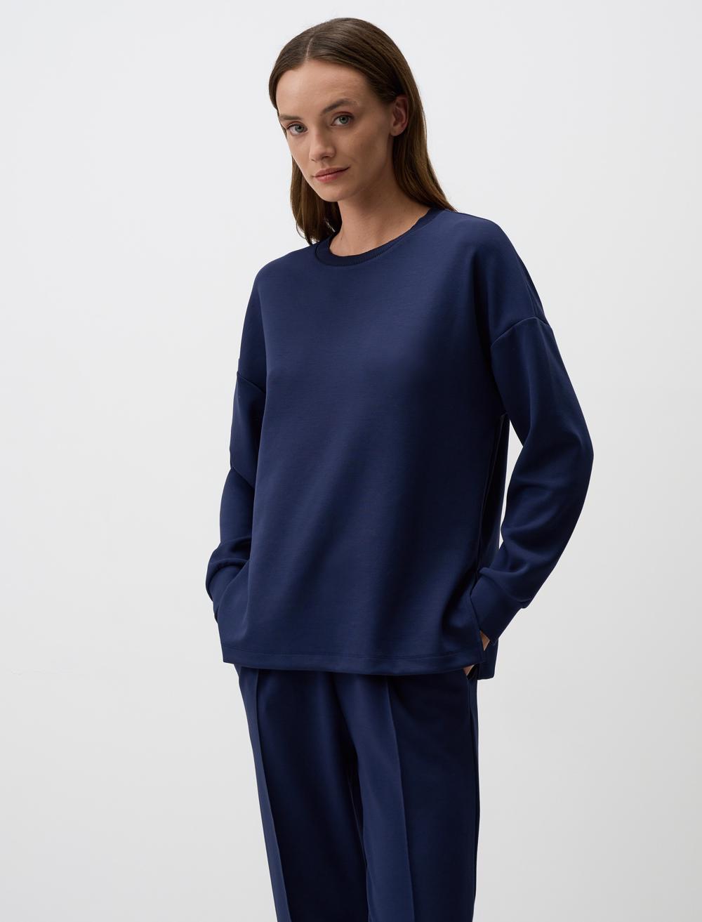 Loose Fit Crew Neck Long-Sleeve Sweatshirt - Dark Blue