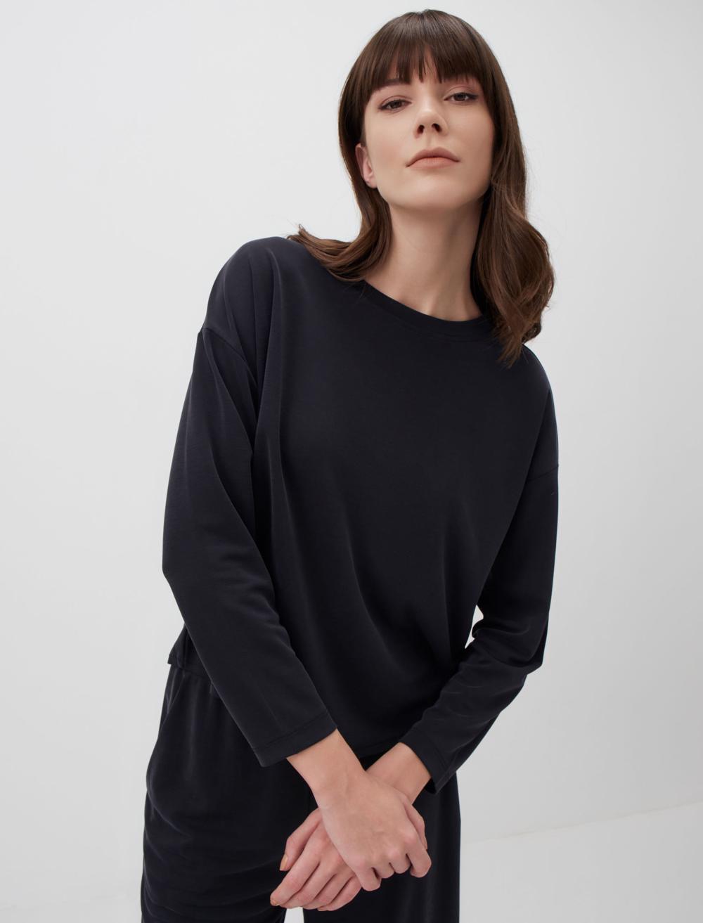 Loose Fit Crew Neck Long Sleeved Comfy Jersey Sweatshirt - Black - 23WSTEPIV2900