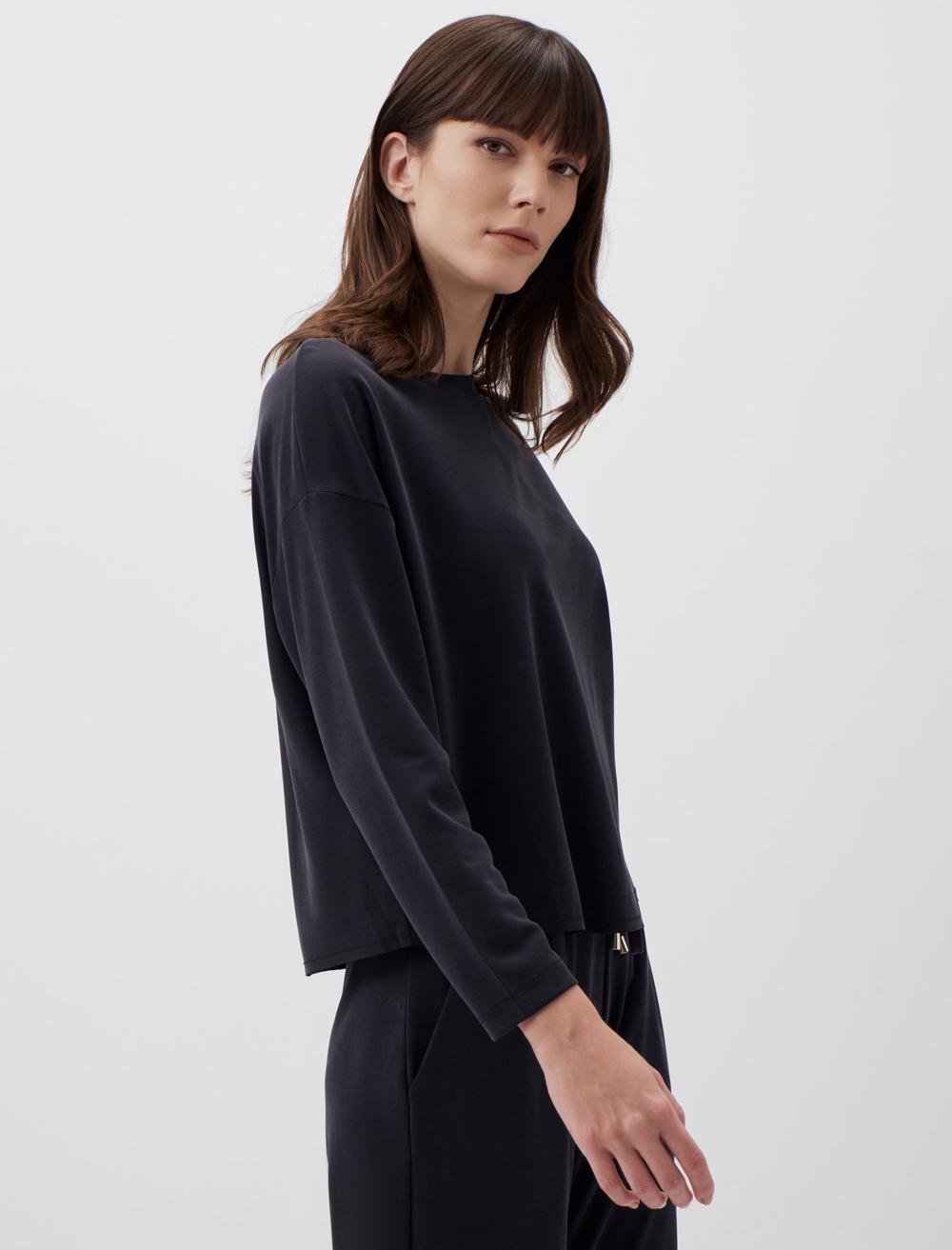 Loose Fit Crew Neck Long Sleeved Comfy Jersey Sweatshirt - Black - 23WSTEPIV2900