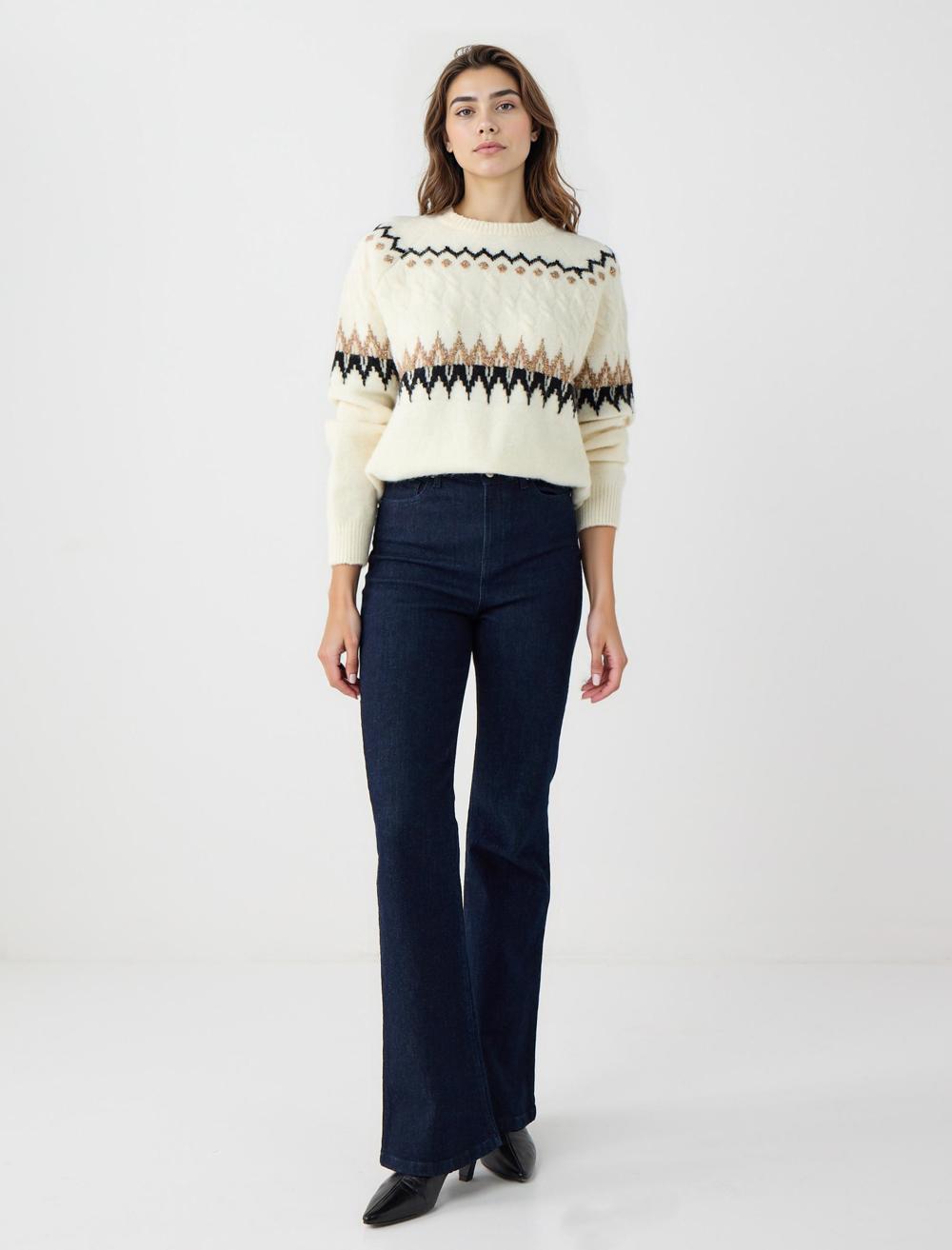 Crew Neck Long-Sleeve Pullover - Cream - 5WW134219126