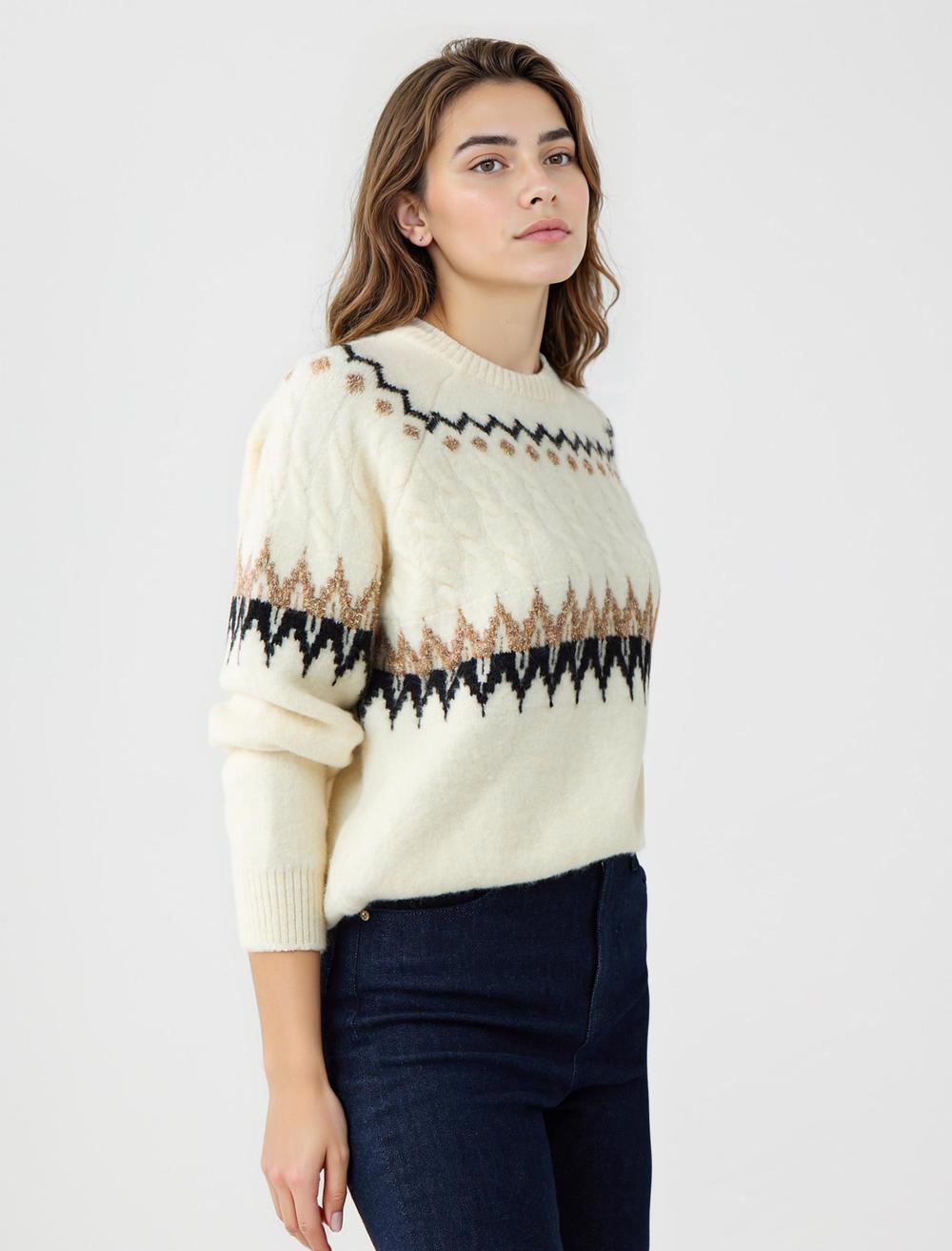 Crew Neck Long-Sleeve Pullover - Cream - 5WW134219126