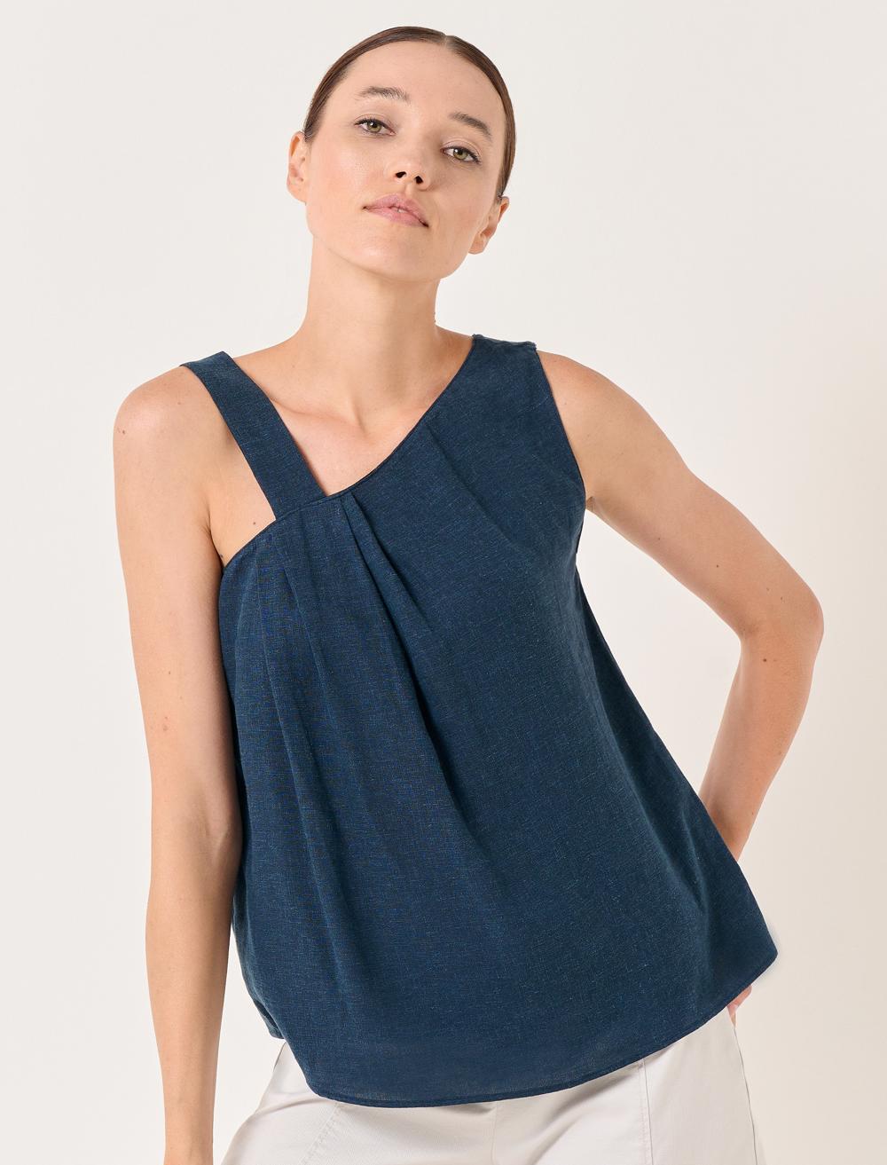 Linen Blouse with Asymmetric Collar Straps - 23SB050261
