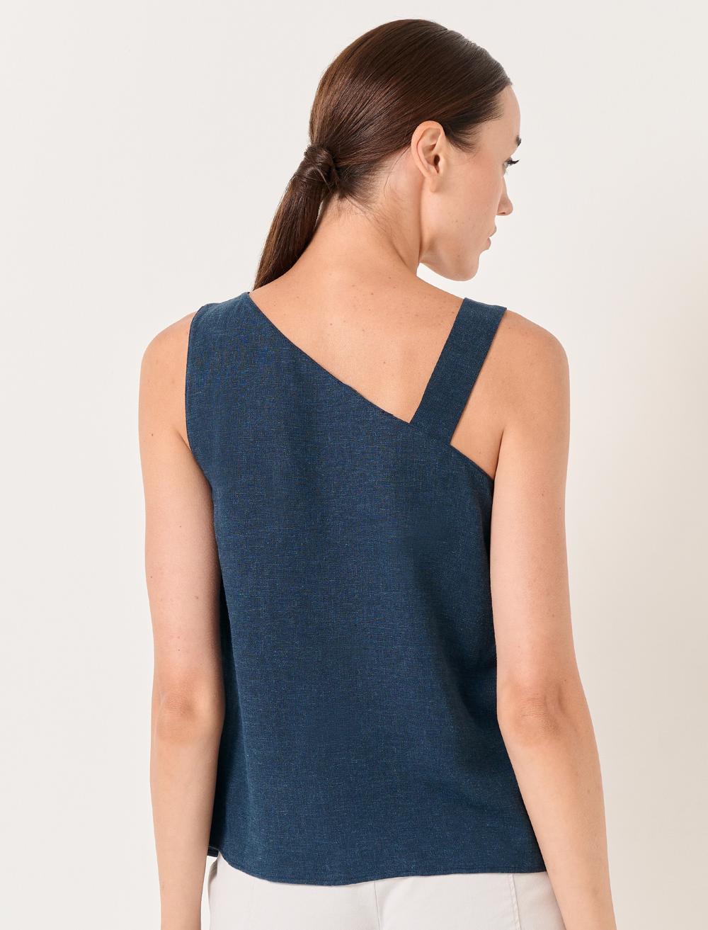 Linen Blouse with Asymmetric Collar Straps - 23SB050261