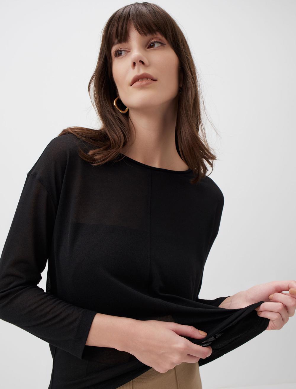 Round Neck Long Sleeve Blouse - Black - 23WB054002900