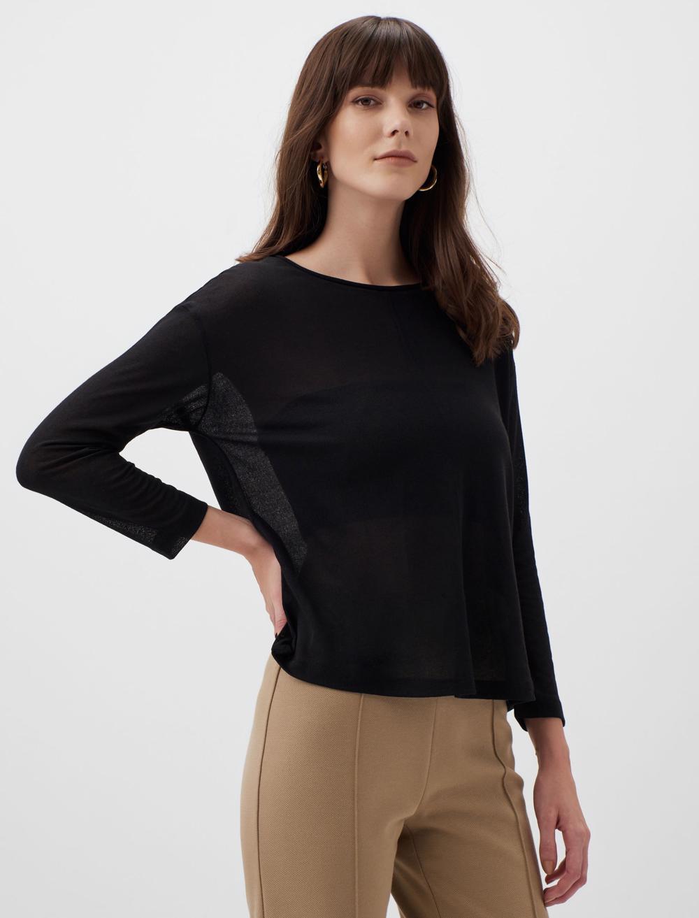 Round Neck Long Sleeve Blouse - Black - 23WB054002900