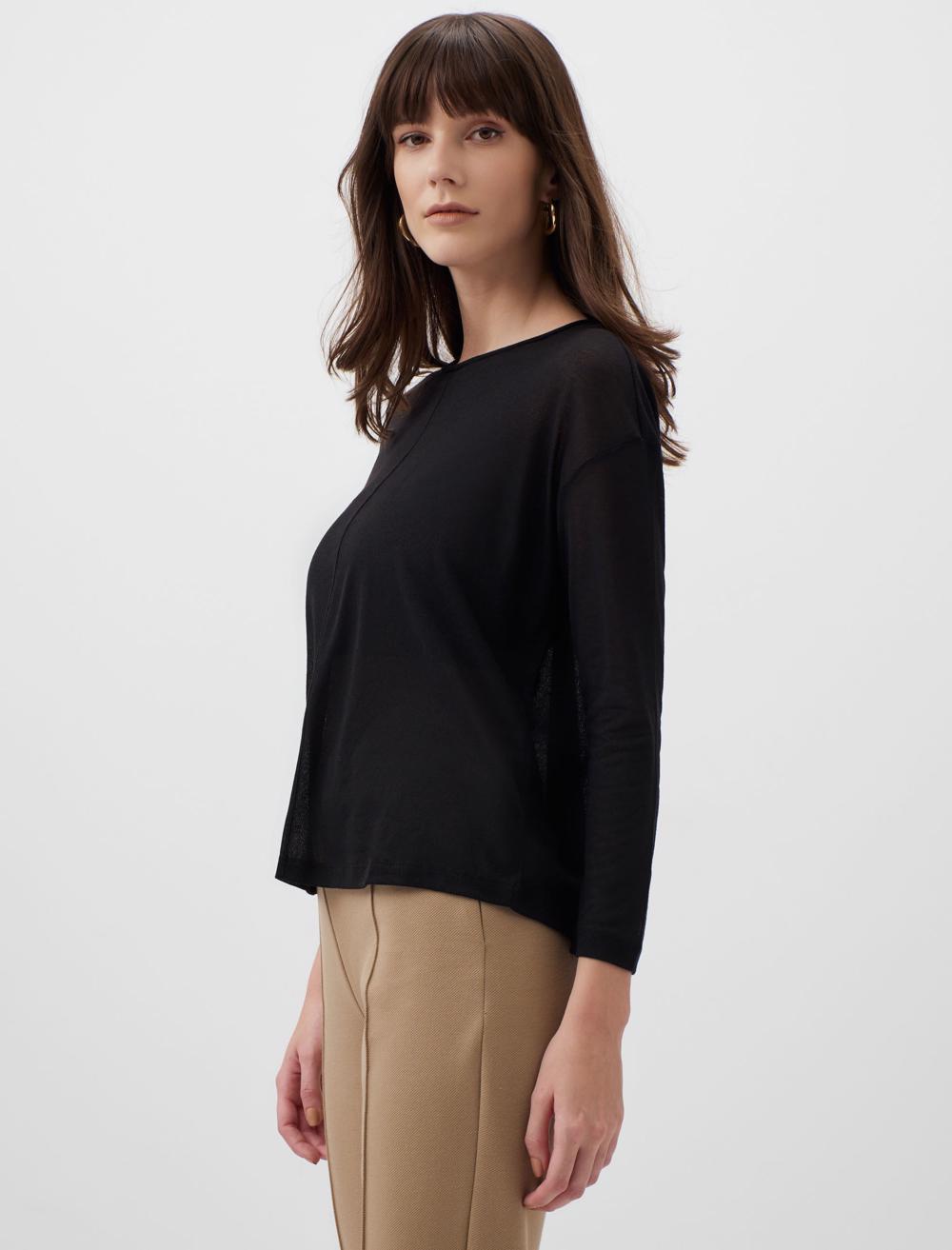 Round Neck Long Sleeve Blouse - Black - 23WB054002900