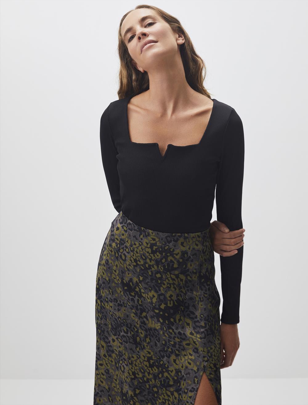 Square Neck Long Sleeve Stylish Basic Blouse - Black - 23WB2134900