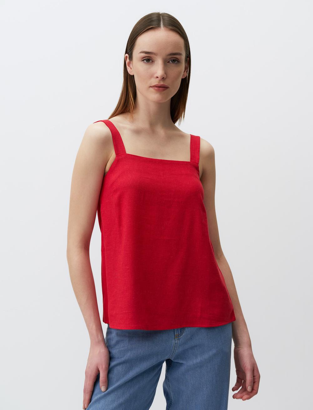 Square Neck Linen Basic Blouse with Straps - 24SB044018