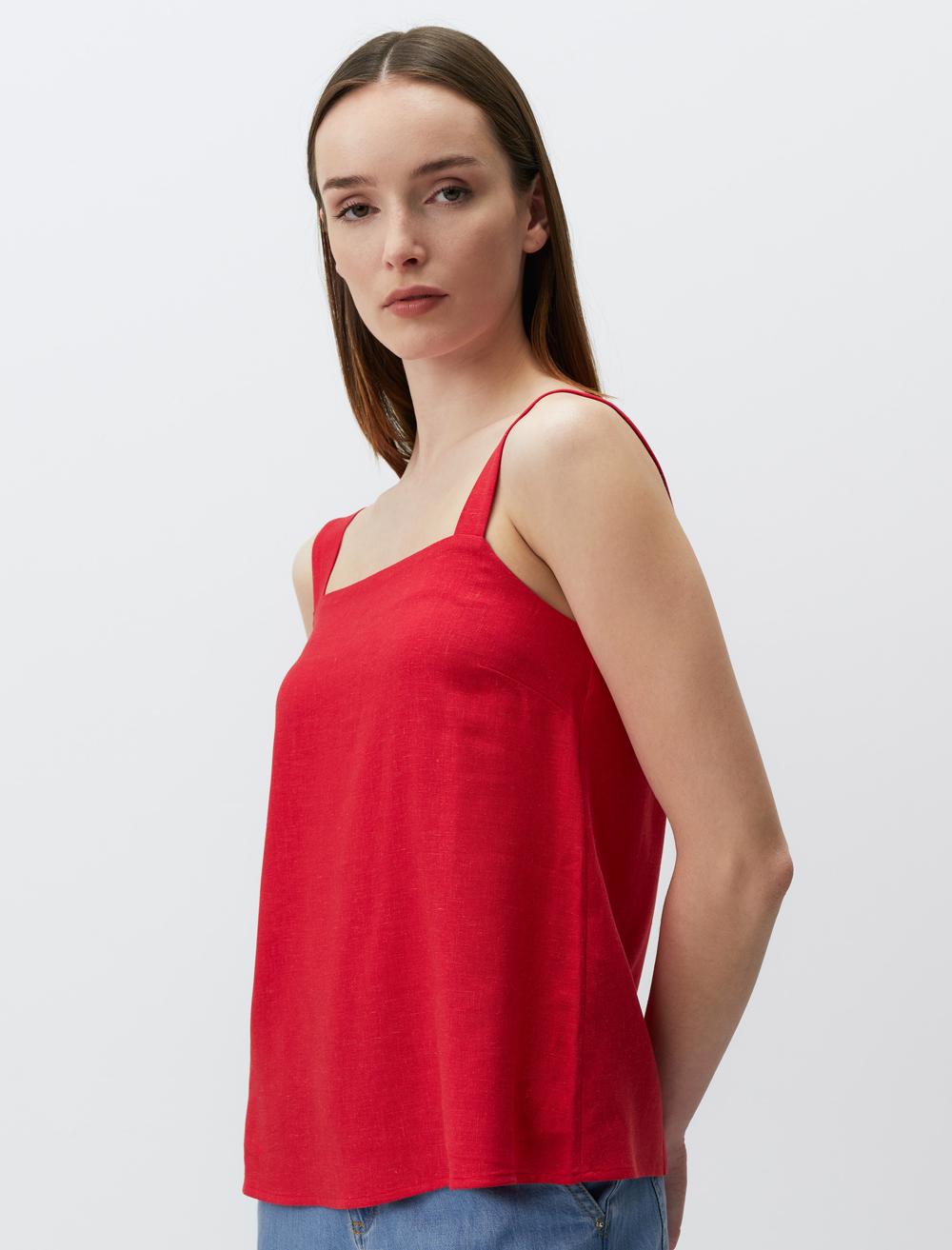 Square Neck Linen Basic Blouse with Straps - 24SB044018