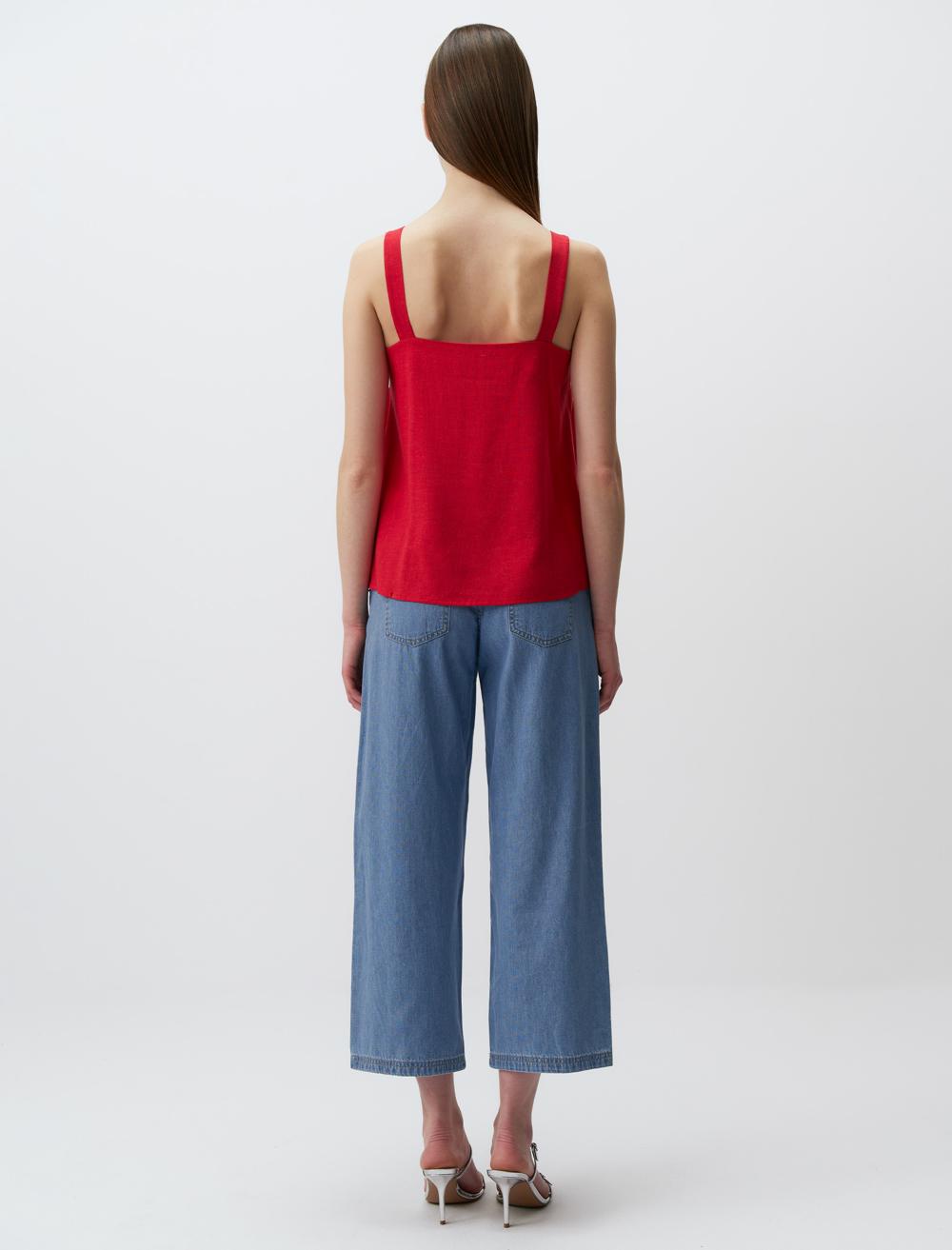 Square Neck Linen Basic Blouse with Straps - 24SB044018