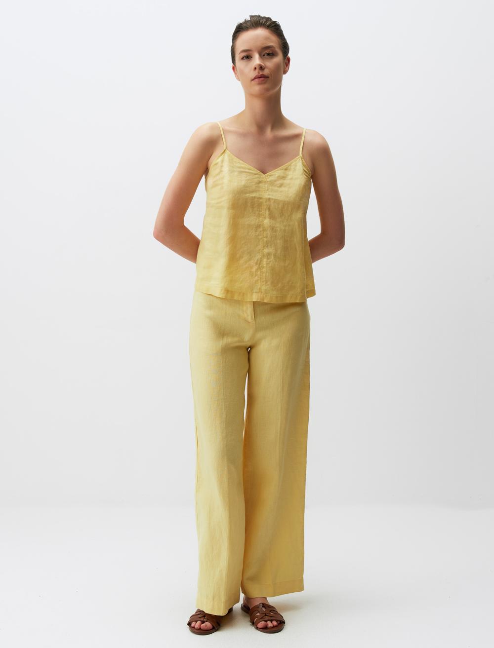 V-Neck Basic Linen Blouse with Straps