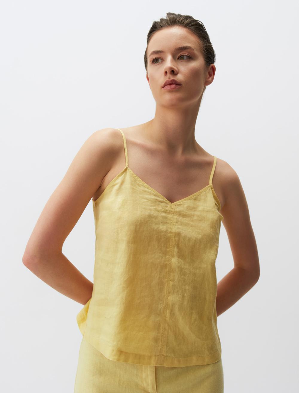 V-Neck Basic Linen Blouse with Straps