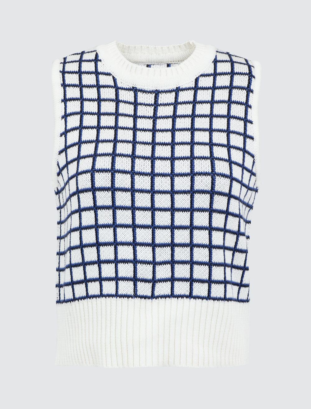 Crew Neck Sleeveless Plaid Patterned Sweater - 24SB150013