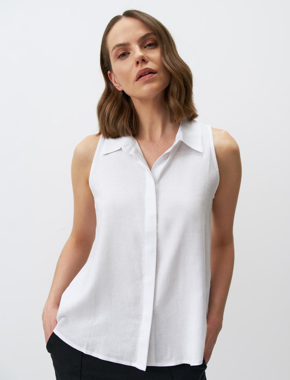 Slim Fit Shirt Collar Sleeveless-Sleeve Blouse