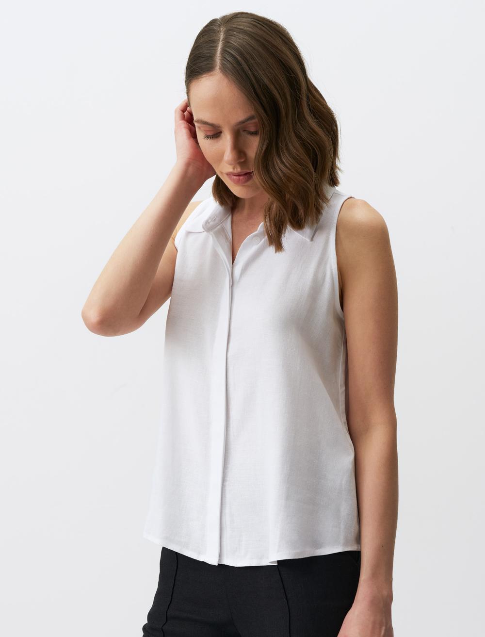 Slim Fit Shirt Collar Sleeveless-Sleeve Blouse - 24SG044005