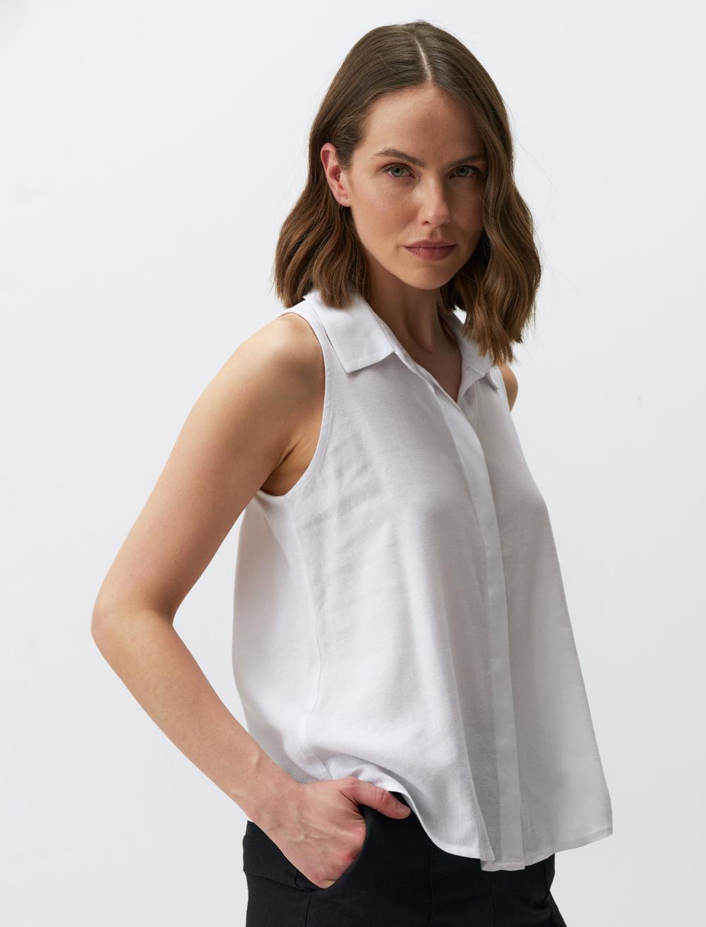 Slim Fit Shirt Collar Sleeveless-Sleeve Blouse - 24SG044005