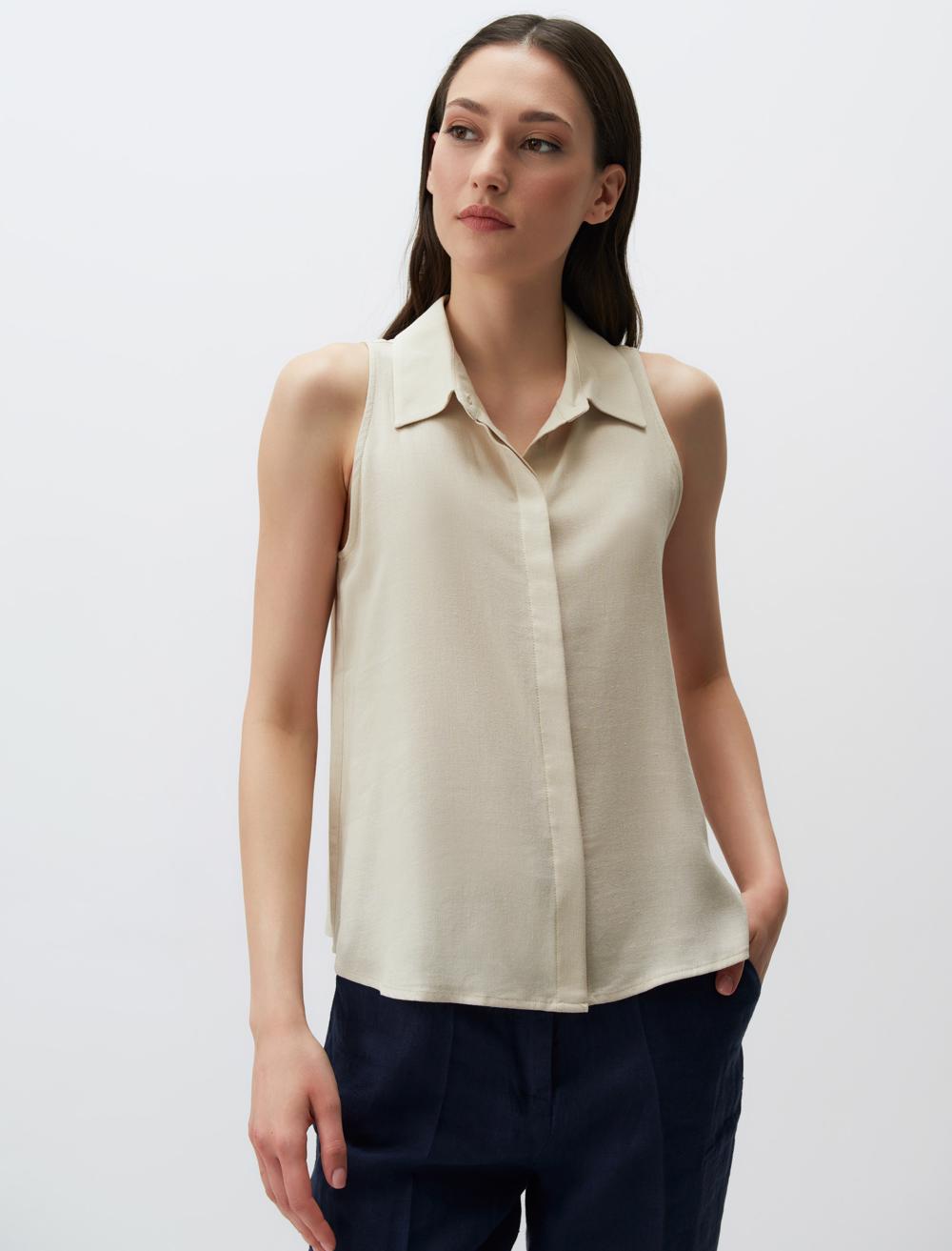 Slim Fit Shirt Collar Sleeveless-Sleeve Blouse - 24SG044005