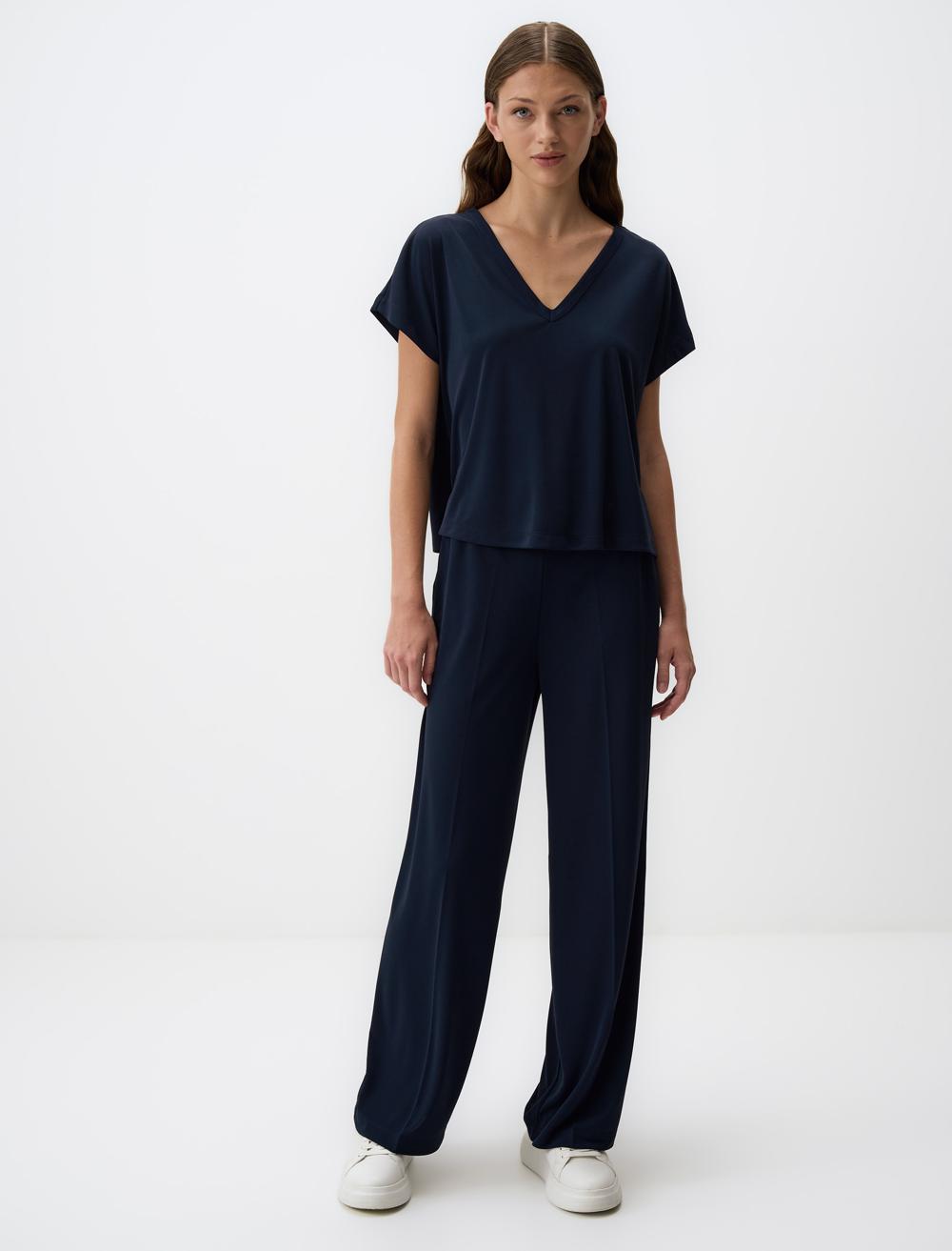 V-Neck Short Sleeved Plain Blouse