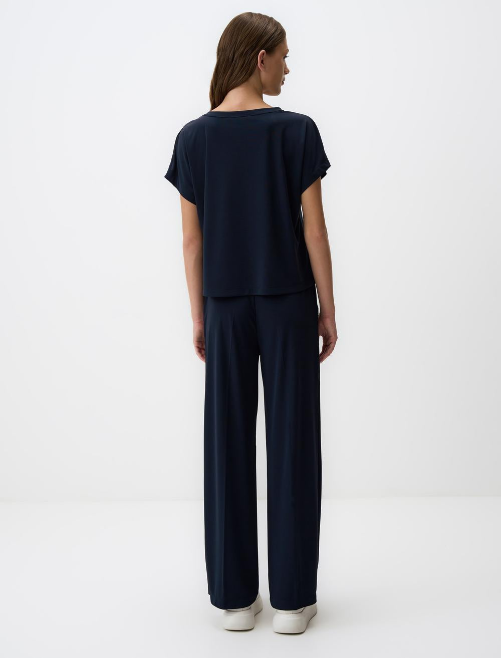 V-Neck Short Sleeved Plain Blouse - Dark Blue