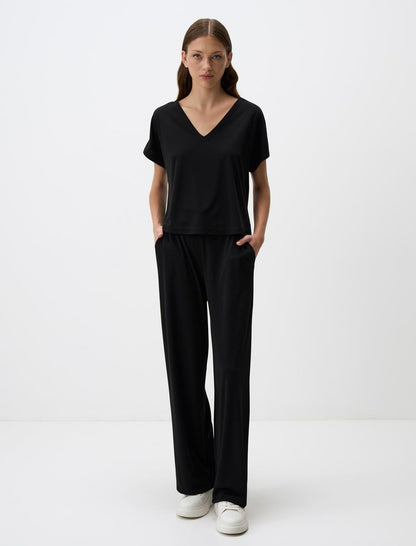 V-Neck Short Sleeved Plain Blouse
