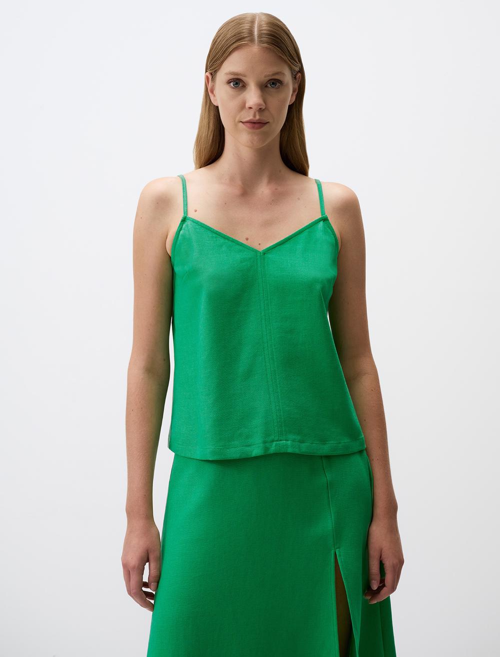 Relaxed Fit V-Neck Linen Blouse with Straps