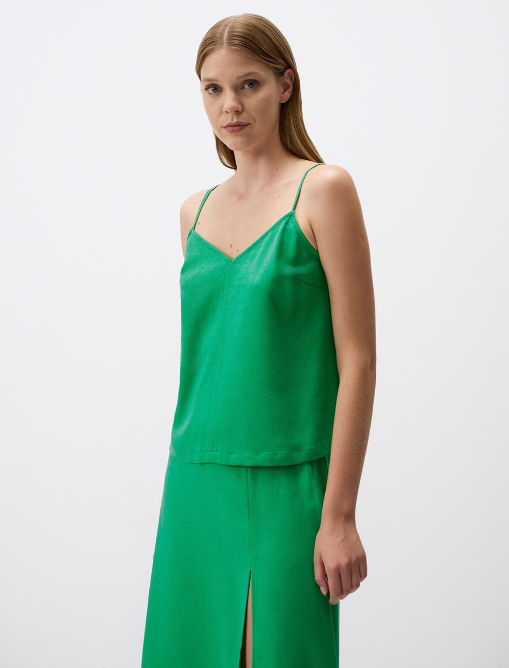 Relaxed Fit V-Neck Linen Blouse with Straps