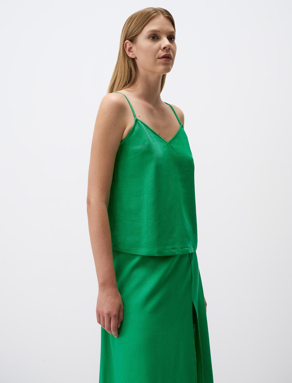 Relaxed Fit V-Neck Linen Blouse with Straps