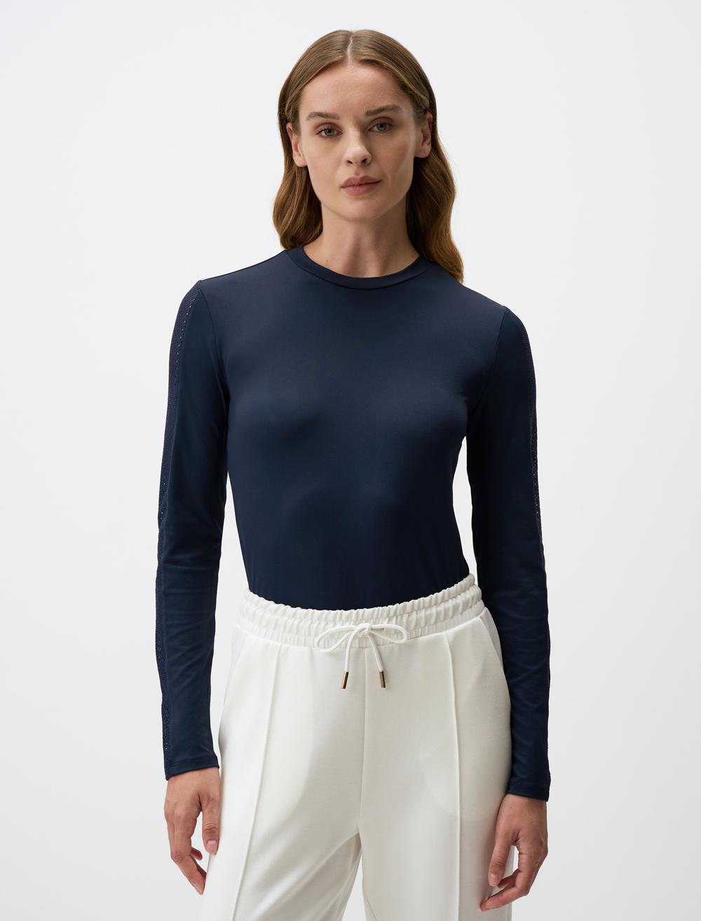 Crew Neck Long-Sleeve Blouse - Dark Blue - 4WW02070971494