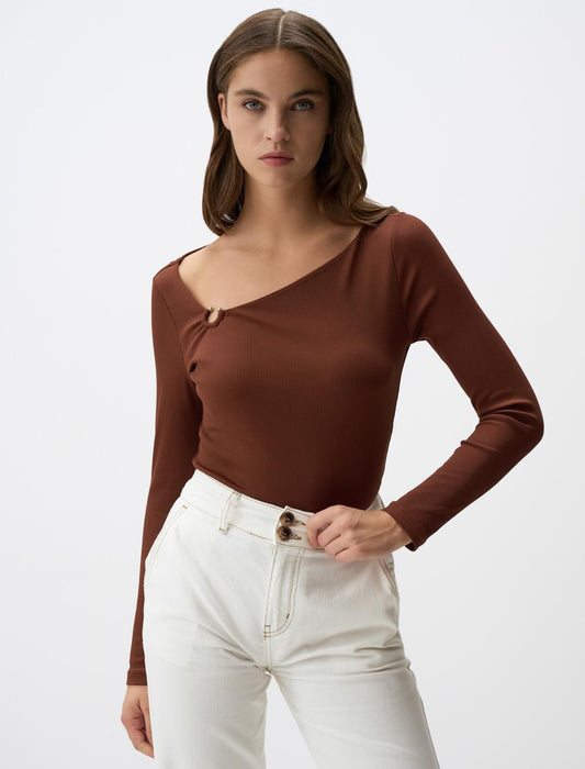 Asymmetric Collar Long Sleeve Slim Fit Blouse