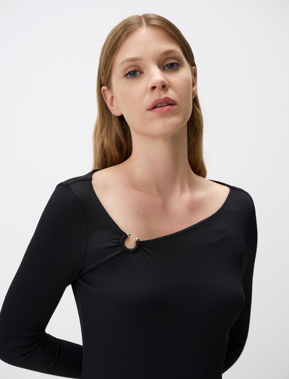 Asymmetric Collar Long Sleeve Slim Fit Blouse