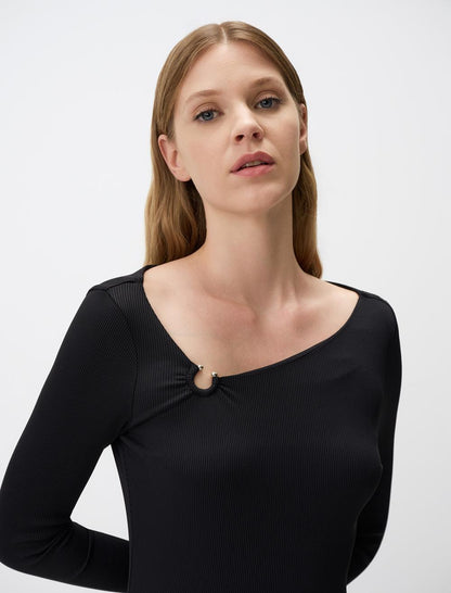 Asymmetric Collar Long Sleeve Slim Fit Blouse