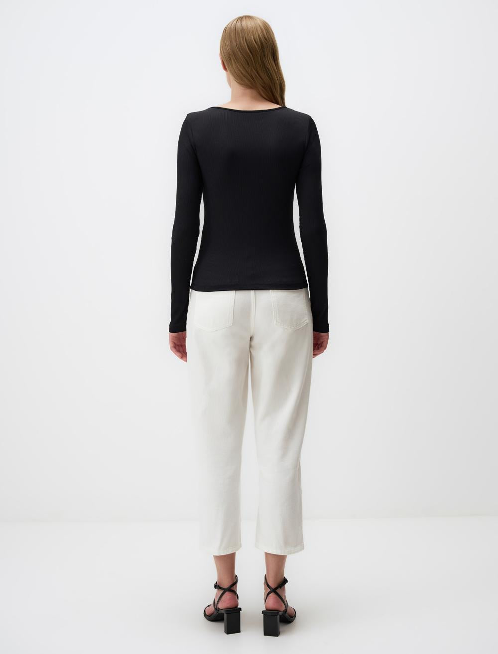 Slim Fit Crew Neck Long-Sleeve Blouse - Black - 4WW02071136900