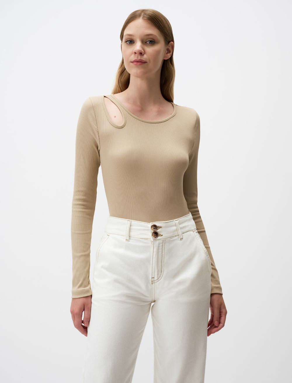Slim Fit Crew Neck Long-Sleeve Blouse - 4WW02071136