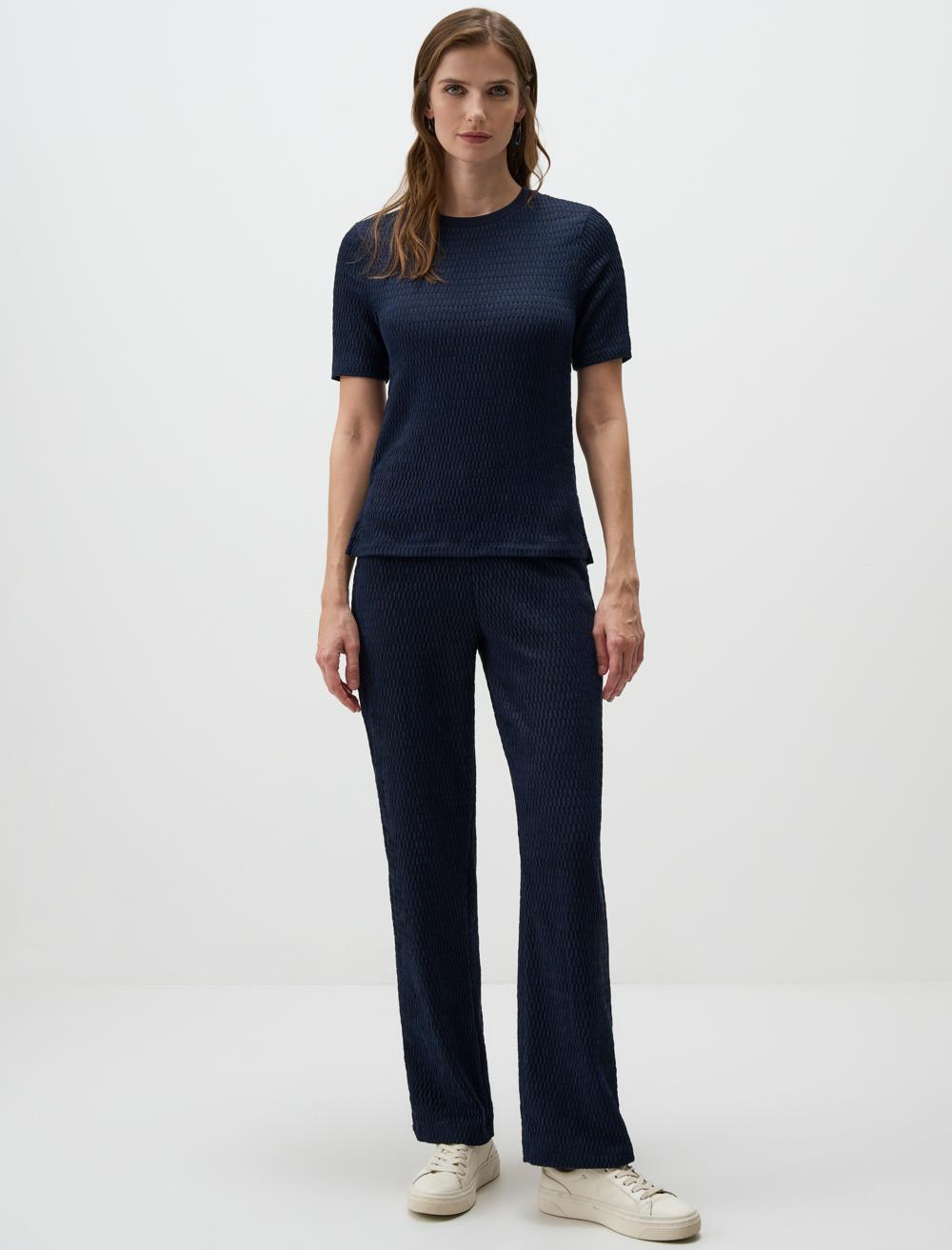 Crew Neck Short-Sleeve Blouse - Dark Blue - 4WW071323494