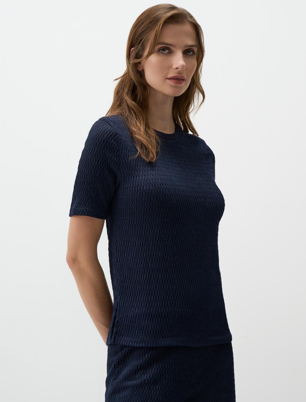 Crew Neck Short-Sleeve Blouse - Dark Blue - 4WW071323494