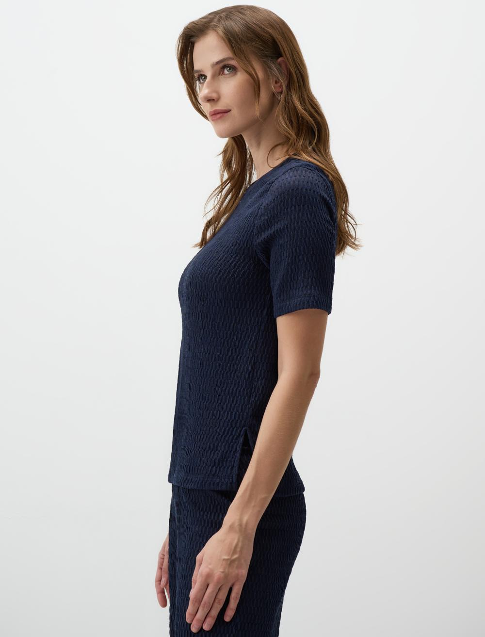 Crew Neck Short-Sleeve Blouse - Dark Blue - 4WW071323494