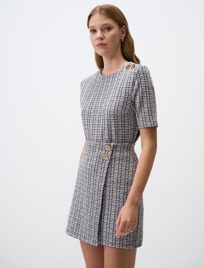 Plaid Patterned Short Sleeve Knitted Blouse