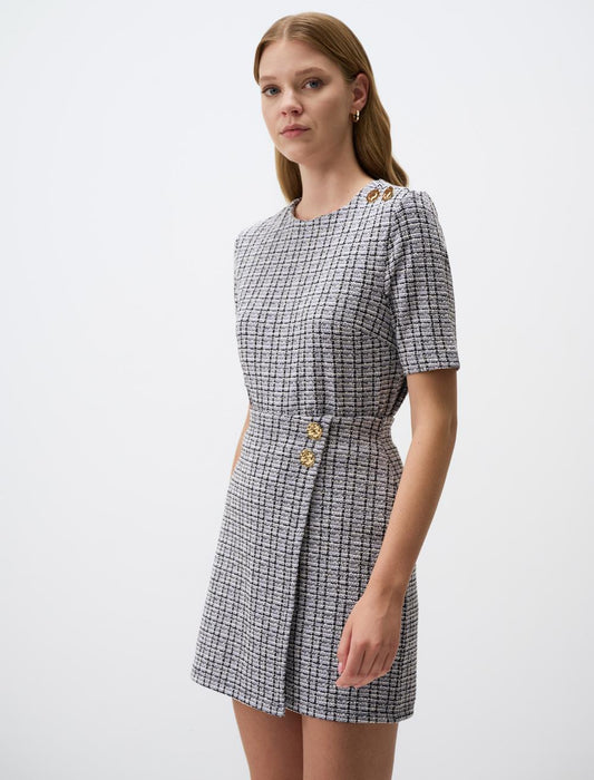 Plaid Patterned Short Sleeve Knitted Blouse