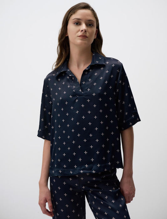 V-Neck Relaxed Fit Patterned Satin Blouse