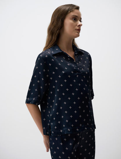 V-Neck Relaxed Fit Patterned Satin Blouse