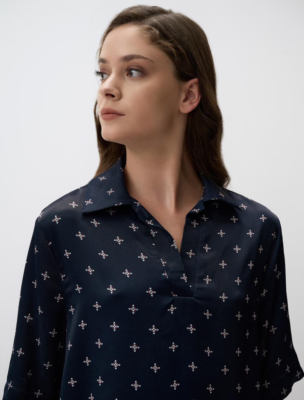 V-Neck Relaxed Fit Patterned Satin Blouse