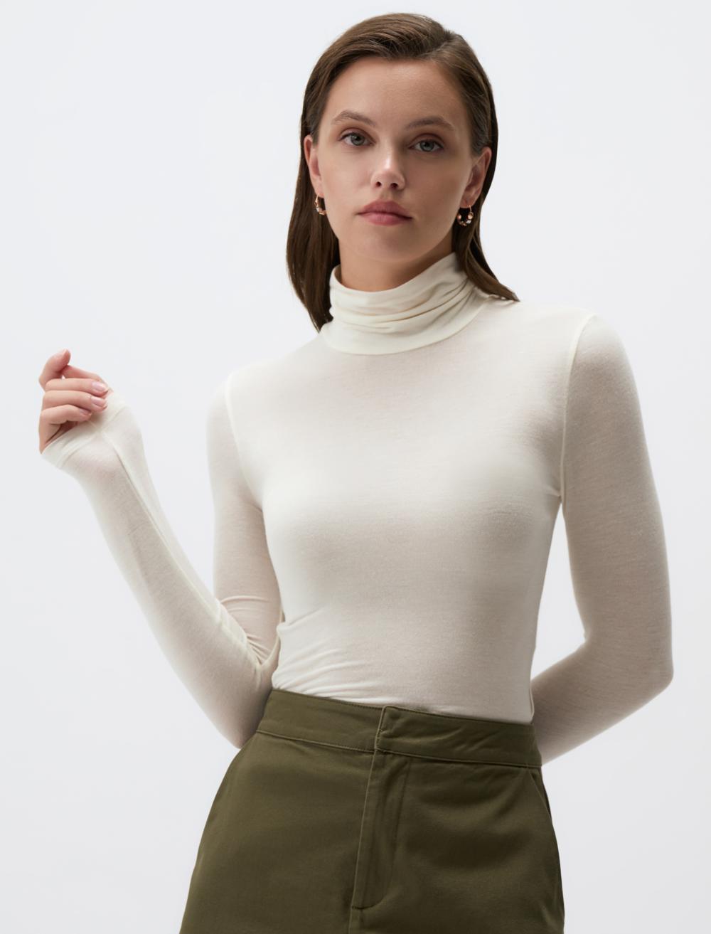 Slim Fit High Neck Long-Sleeve Blouse - Ecru