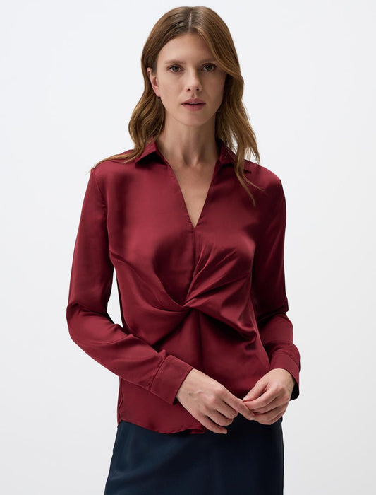V Neck Long Sleeved Satin Blouse