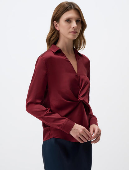 V Neck Long Sleeved Satin Blouse