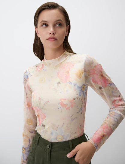 Turtleneck Floral Patterned Knitted Mesh Blouse