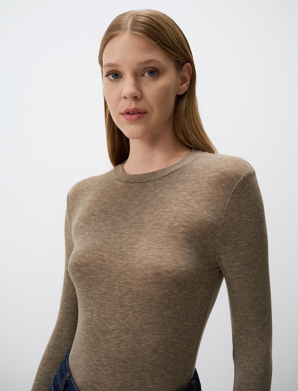 Slim Fit Crew Neck Long-Sleeve Blouse - 4WW072085